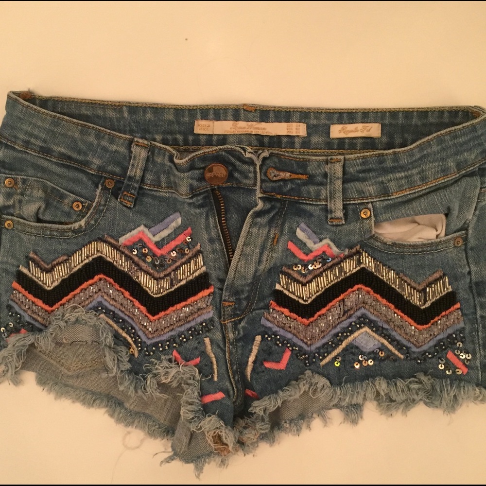 Zara denim cutoff shirt with beaded detail